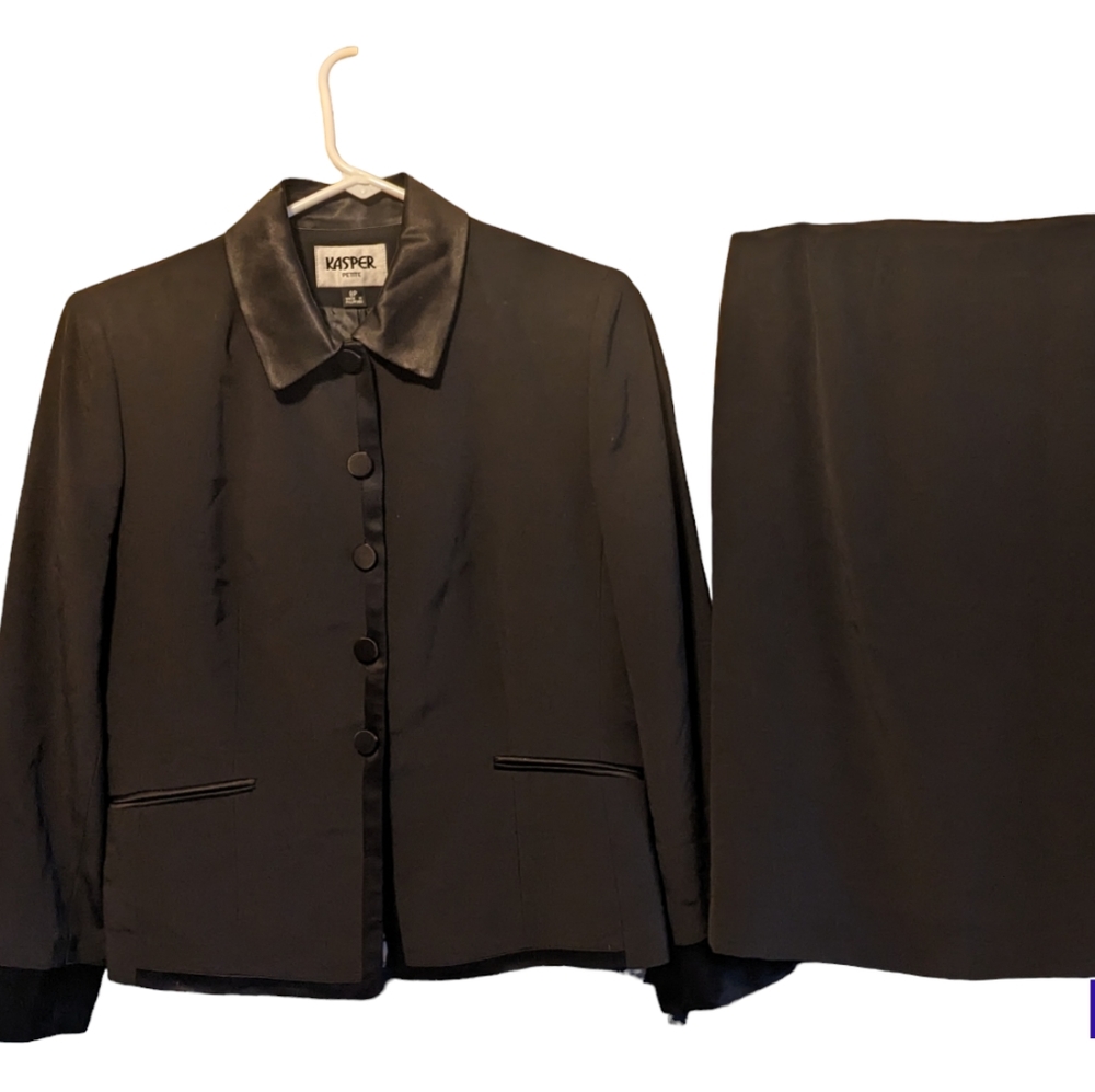 Kasper Skirts | Kasper-2 PC Black Satin Trimmed Skirt Suit | size :8p
